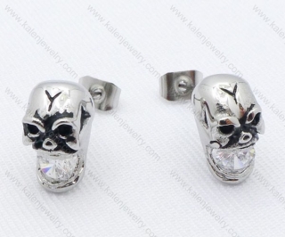 Wholesale Antique Silver Plated Stainless Steel Skull Casting Earrings inlaid clear Zircon Stone - KJE050036