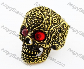 Gold Plating Stainless Steel Inlay Red Stone Eyes Skull Ring - KJR010191