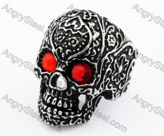 Stainless Steel Inlay Red Stone Eyes Skull Ring - KJR010192