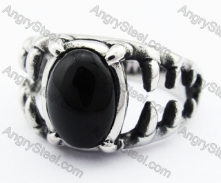 Stainless Steel Inlay Black Stone Beast Mouth Sharp Teeth Ring - KJR370017