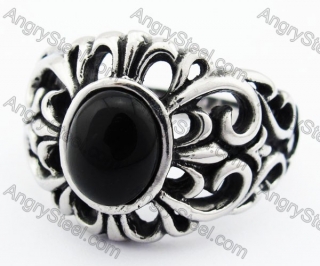 Vintage Stainless Steel Inlay Black Stone Flower Ring - KJR370019