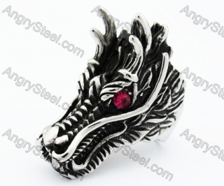 Mens Punk Stainless Steel Red Stone Eyes Dragon Ring - KJR370059