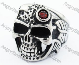 Stainless Steel Inlay Red Zircon Stone Skull Ring For Men - KJR370060