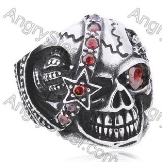 Stainless Steel Inlay Red Stones Cyclops Skull Ring - KJR350089