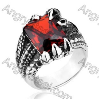 Stainless Steel Inlay Ruby Claw Ring - KJR350093