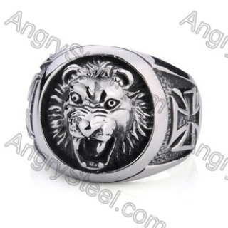 Stainless Steel German WWII Iron Cross Sign Bloodthirsty Lion Ring - KJR350099