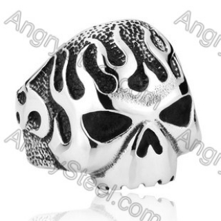 Stainless Steel Flame Skull Ring - KJR350116