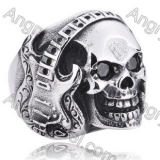 Stainless Steel Black Stone Eyes Guitar Skull  Ring - KJR350153