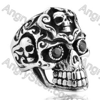 Vintage Stainless Steel Black Stone Eyes Skull Ring - KJR350173