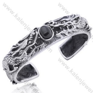 Stainless Steel Inlay Stone Double Dragon Bangle - KJB350028