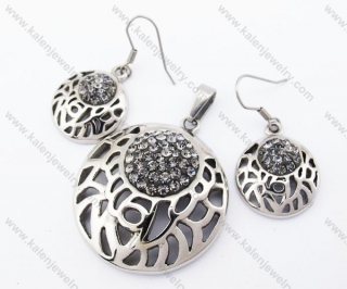 Gray Rhinestones Hollow Round Pendant & Earrings Jewelry Set - KJS410030