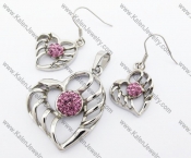 Pink Rhinestones Heart Pendant & Earrings Jewelry Set - KJS410080