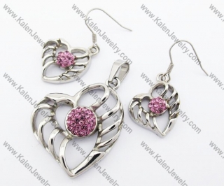 Pink Rhinestones Heart Pendant & Earrings Jewelry Set - KJS410080