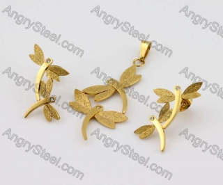 Gold Steel Dragonfly Pendant and Earrings Set KJS200019