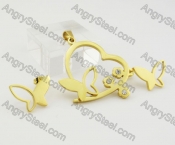 Romantic Gold Butterfly Heart Pendant and Ear Stud Set KJS680004