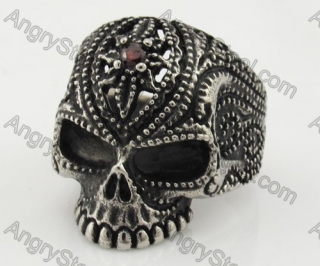 Stainless Steel Red Zircon Carving Skull Ring KJR350339