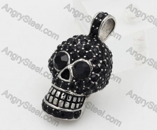 Steel Overlay Black Stones Solid Back Skull Pendant KJP1050019